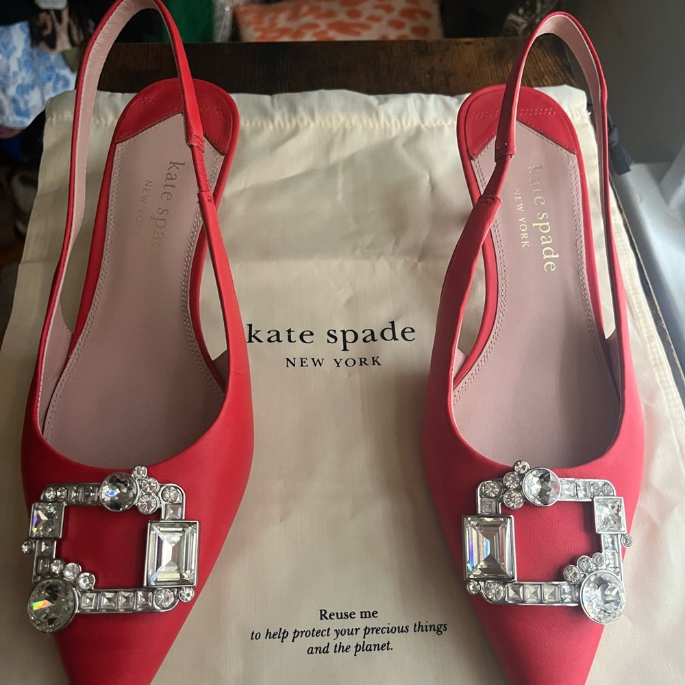 Kate Spade Renata Red Kitten Heels with Crystal Accents - Picture 2 of 12